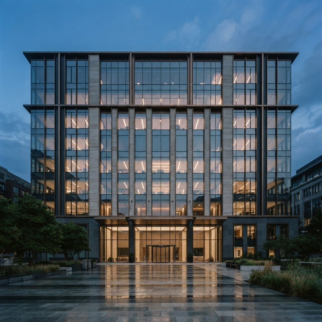 Modern international headquarters facade at dusk
