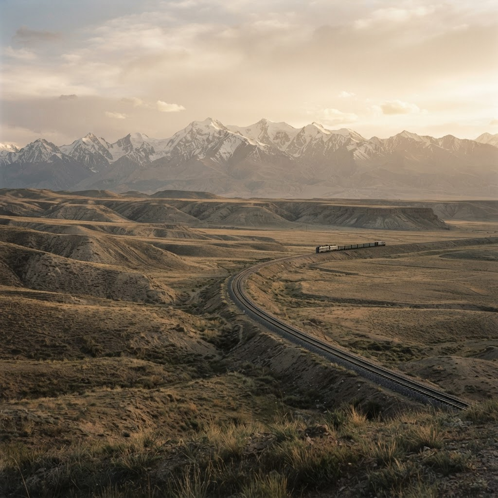Central Asian steppe and mountains with a modern trade corridor